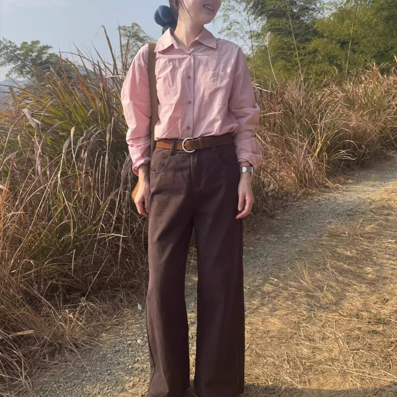 减龄韩风宽松长袖打底烟粉色衬衫