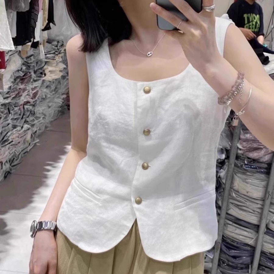 法式小香风绝美方领棉麻无袖衬衫女2025夏新款百搭单排扣背心马甲