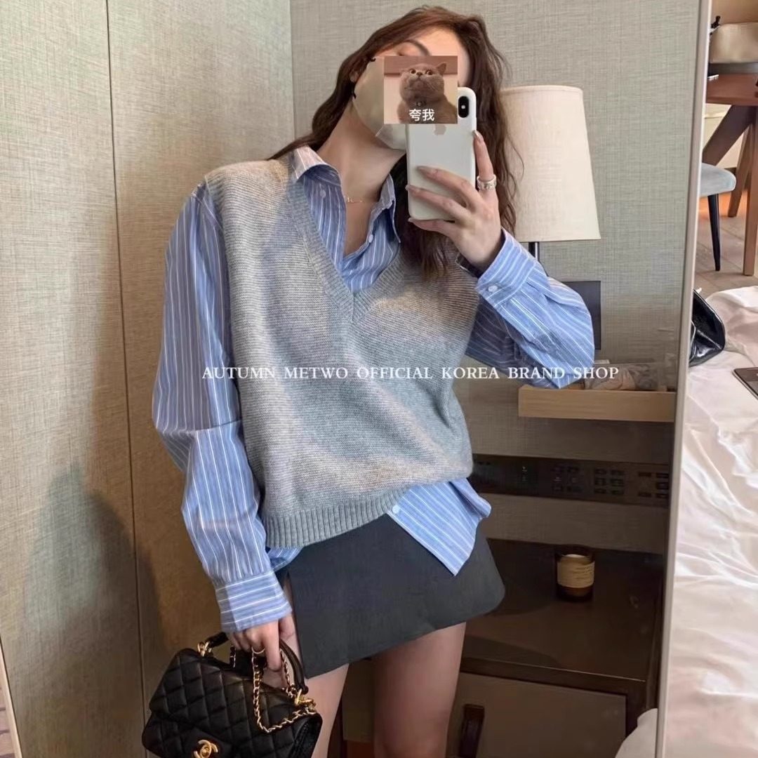 学院风韩系宽松设计感长袖蓝条纹衬衫秋季新款显瘦v领针织马甲女