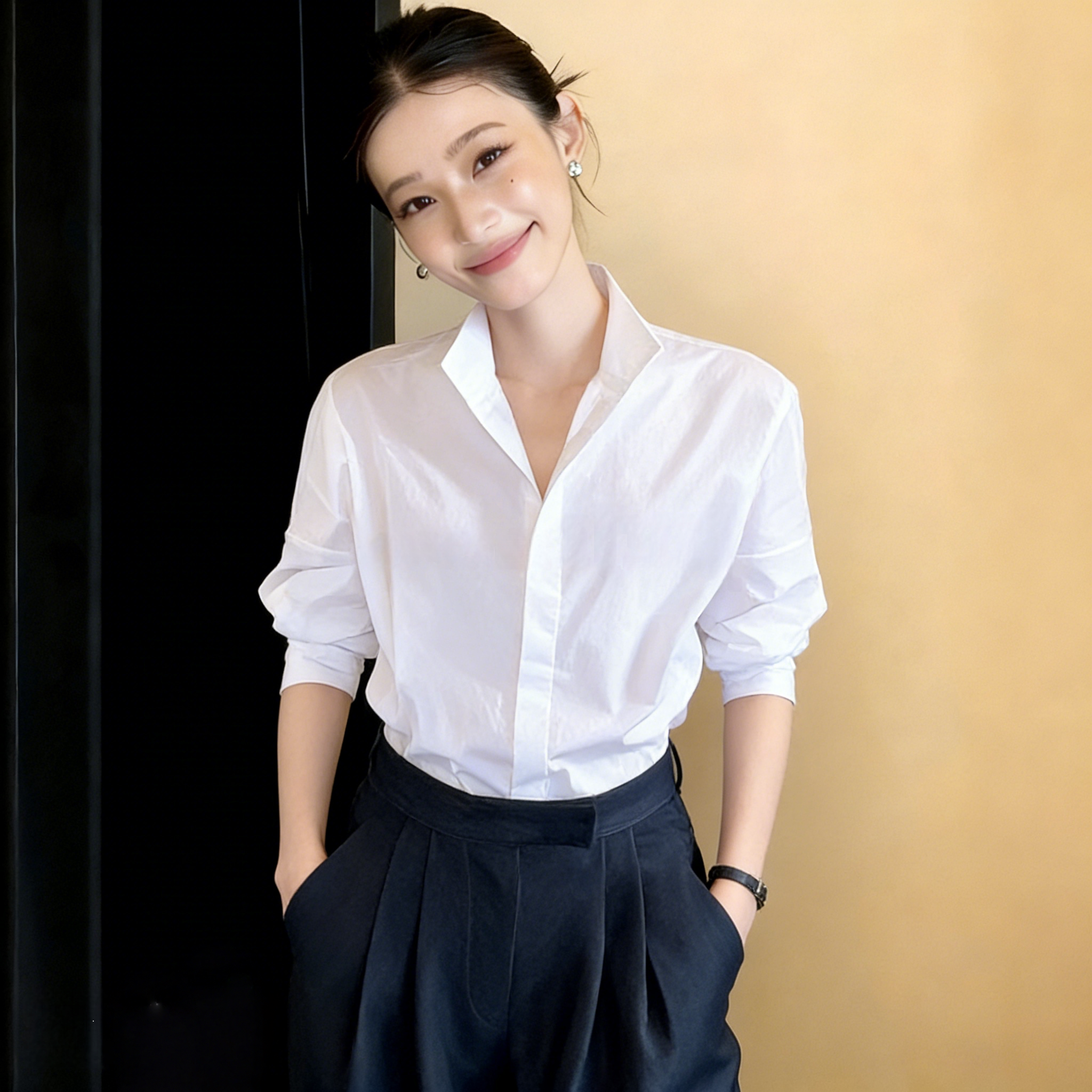 春秋时髦高级感显瘦立领白色长袖衬衫女法式通勤职场气质白色衬衣