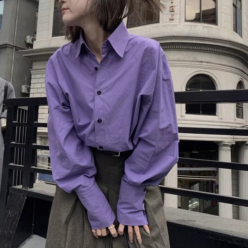 时髦法式长袖宽松显白紫色衬衫