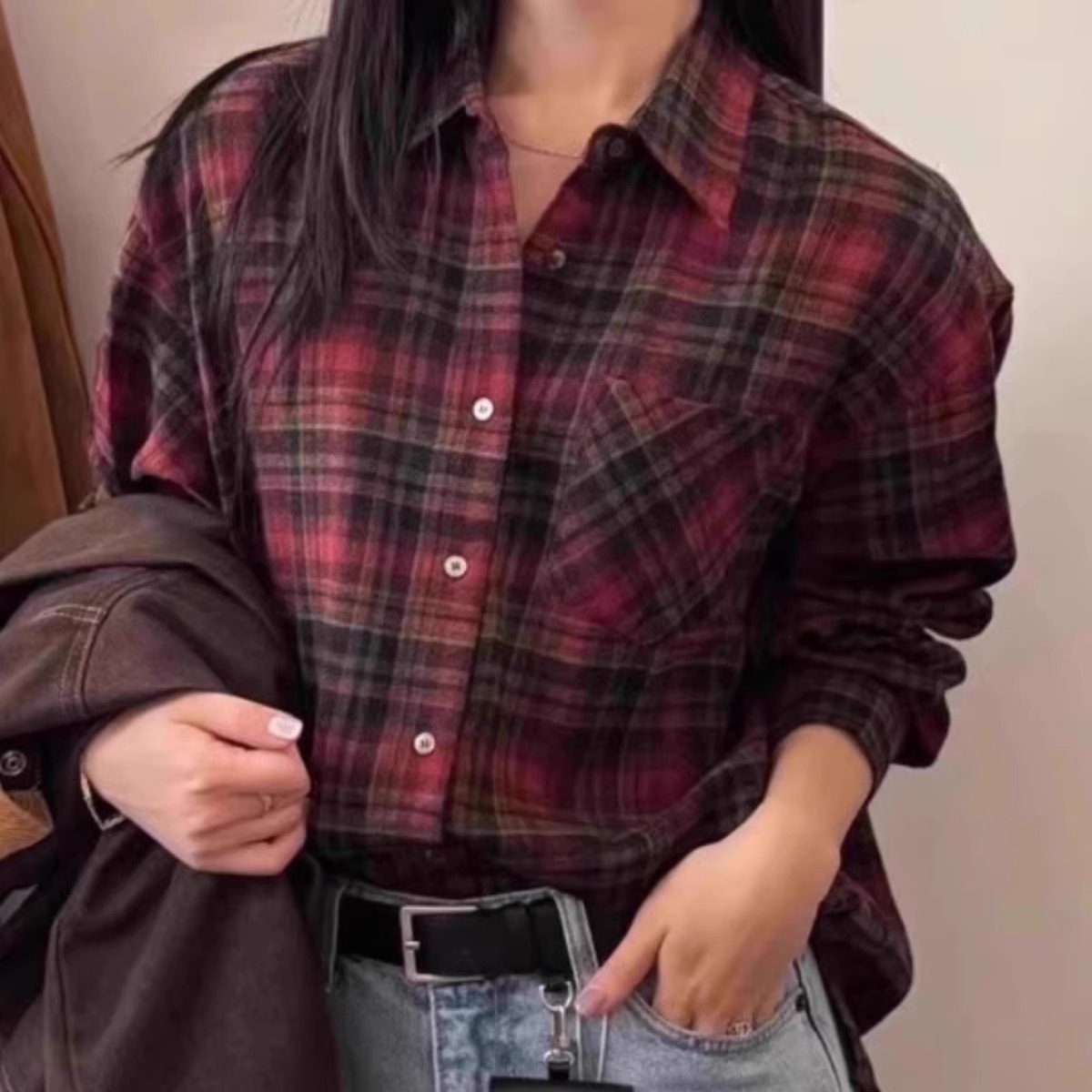 学院风韩系宽松红色格子磨毛衬衫