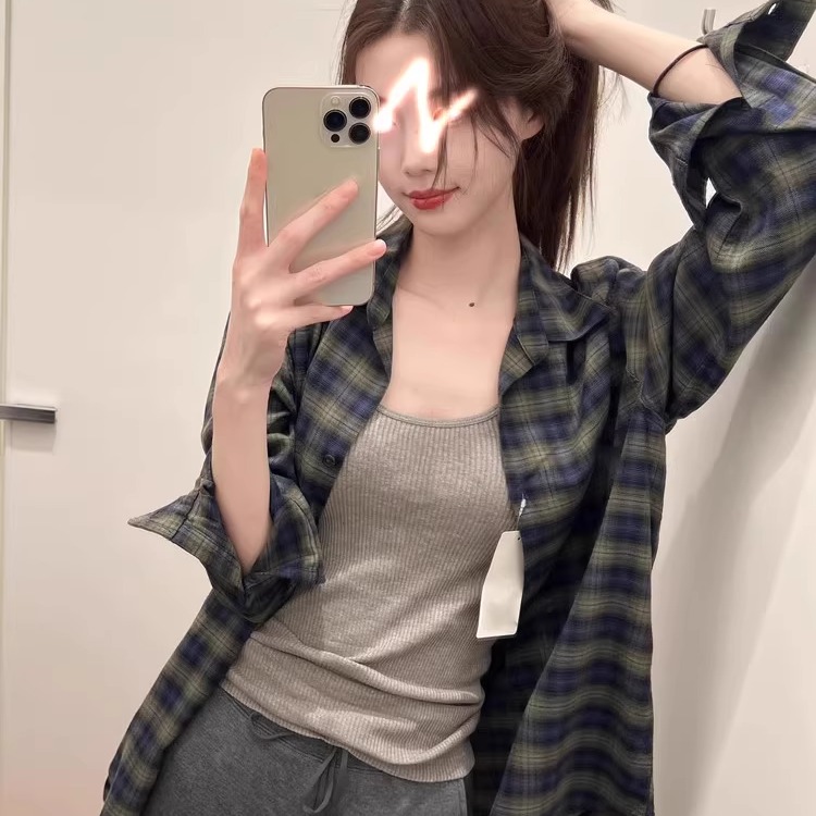 格纹衬衫女复古文艺感韩范宽松叠穿上衣2025初秋新品长袖别致衬衣