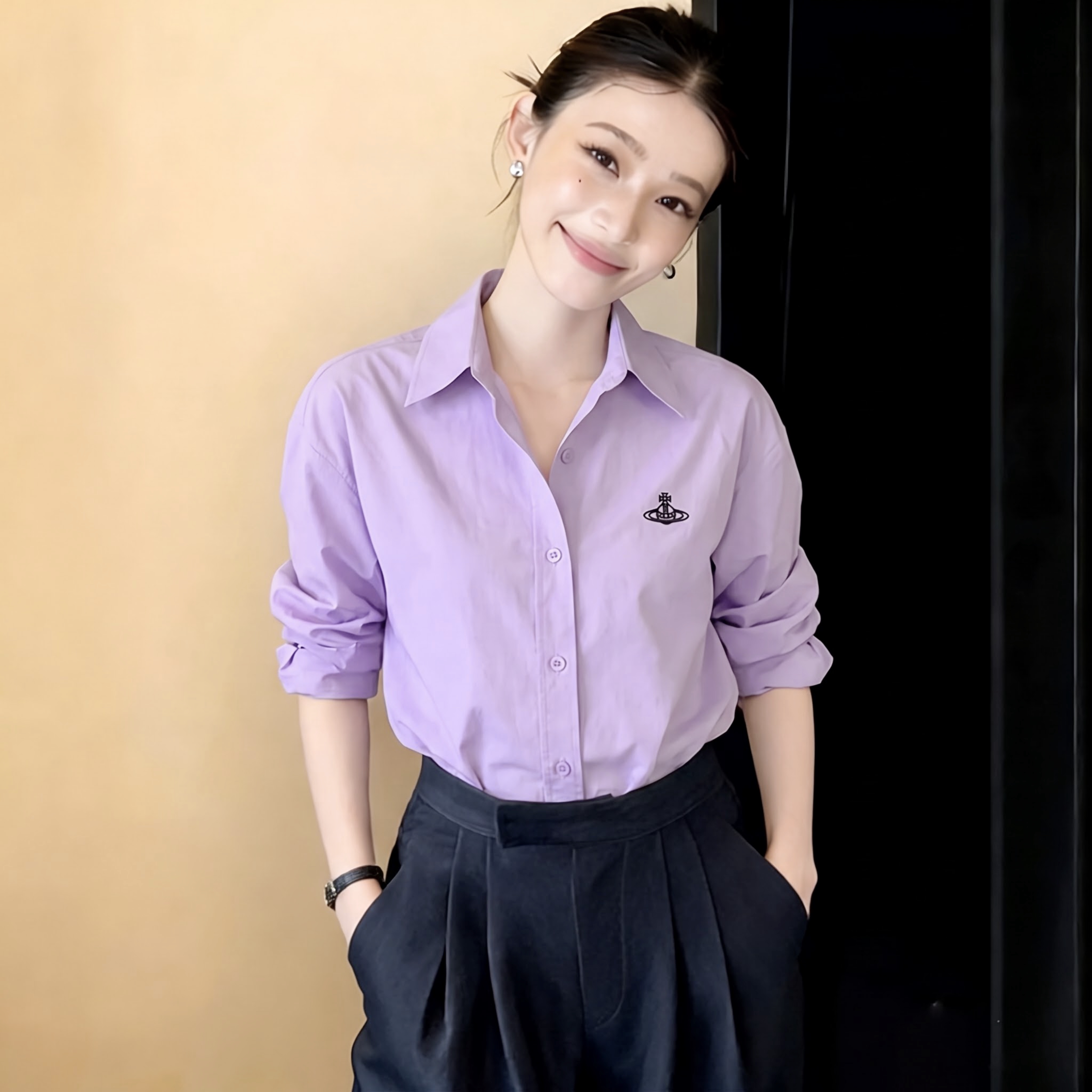 韩版新款减龄刺绣设计长袖紫色衬衫女春秋季时髦通勤宽松显瘦上衣