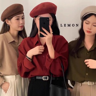 春季新款简约长袖叠穿磨毛红色衬衫法式复古感内搭显白翻领上衣女