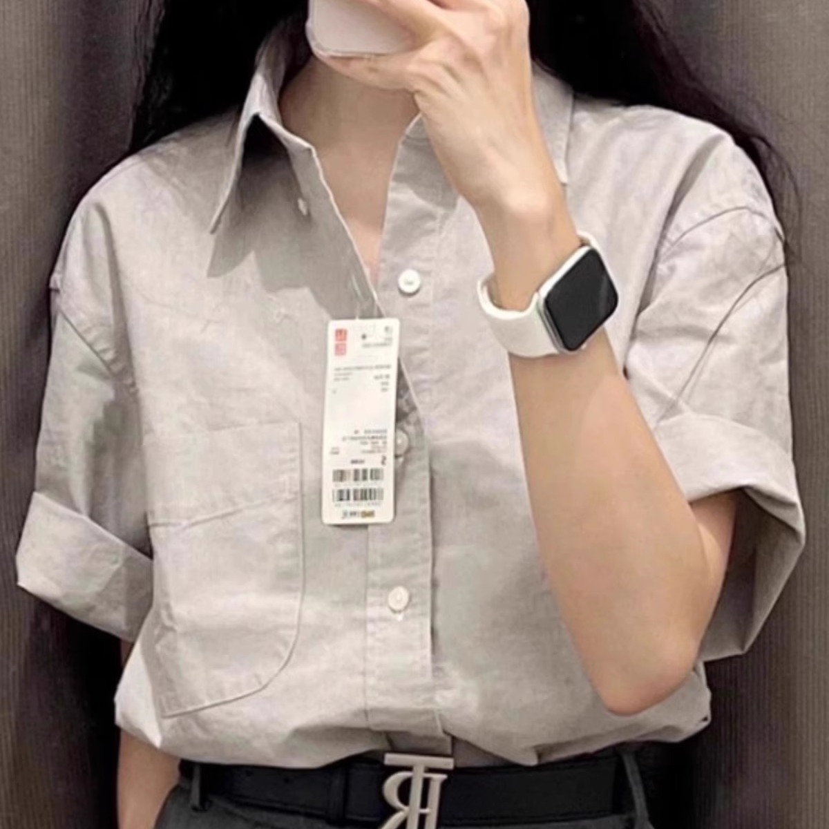 知性港风小众短袖宽松灰色衬衫