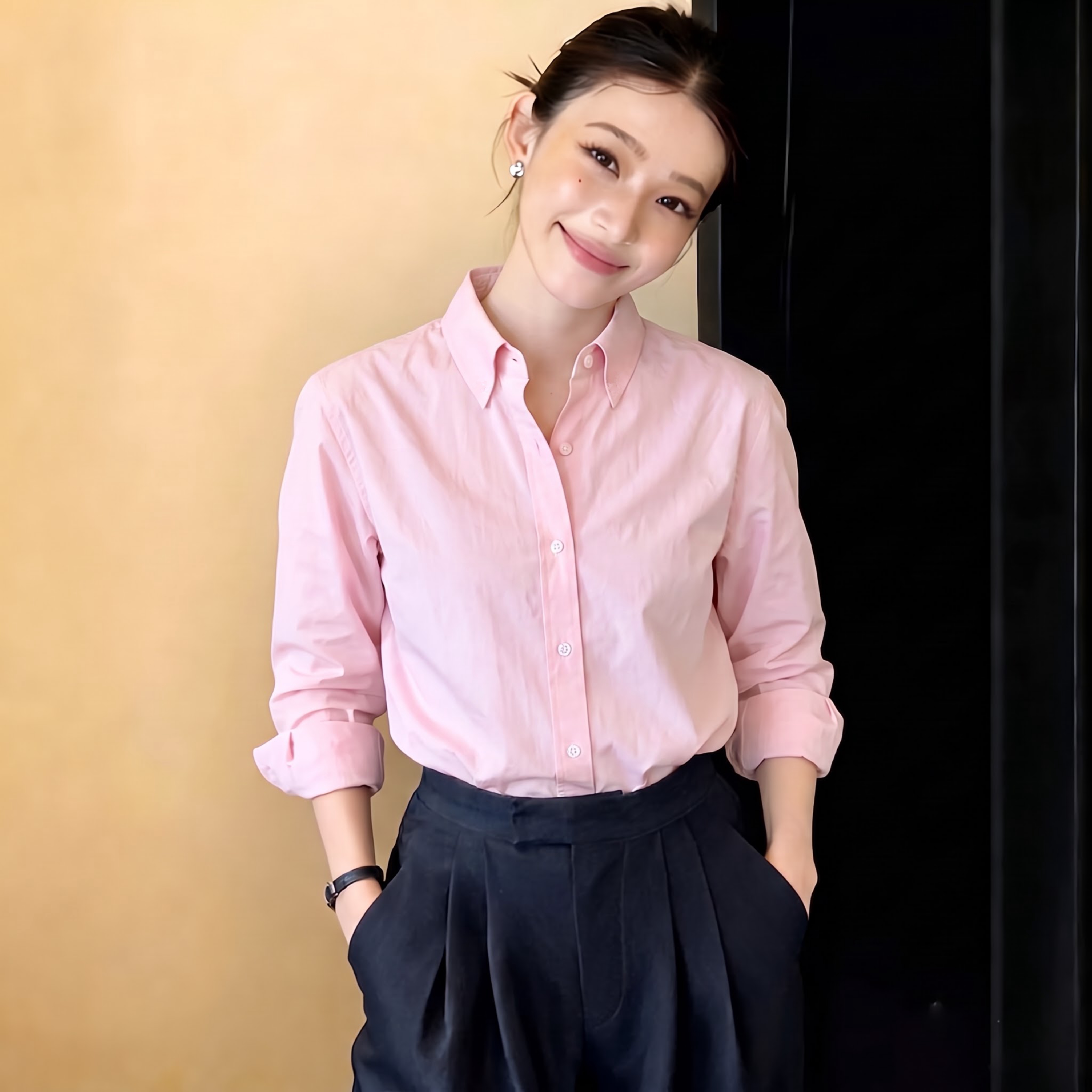 港风简约通勤休闲甜菜粉洋气长袖衬衣女春秋新款显瘦宽松别致上衣