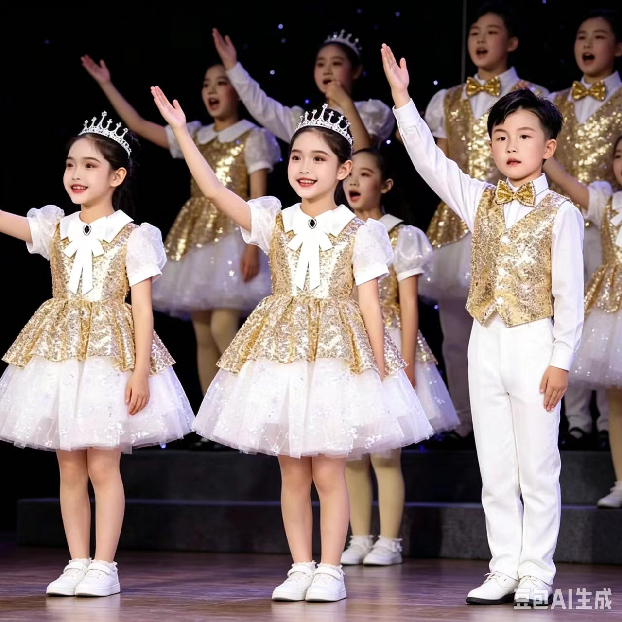 儿童合唱演出服金色亮片女童蓬蓬纱裙男童礼服小学生大合唱表演服