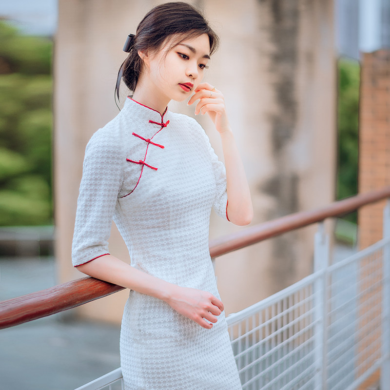 【唐之彩原创】伊人夕岸 优雅蕾丝中长款旗袍改良连衣裙中袖春季