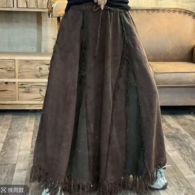 FF 7549 春季新品撞色炒色怀旧毛边休闲百搭女半身裙 长90下摆105