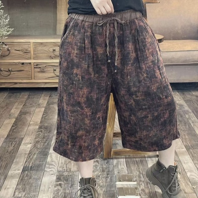 FF 8604 夏季新款复古休闲花色文艺麻系女士裤子 臀围130长64
