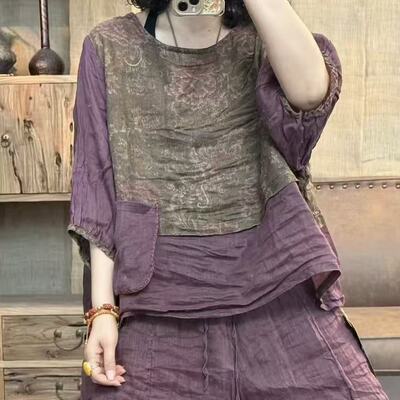 FF 6213-1 夏季新品苎麻撞色拼接文艺女士上衣 胸围140长60