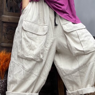 91066夏季 臀围134 新款 长82 大口袋棉麻休闲女士裤