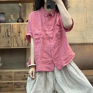 亚麻文艺休闲大口袋女士衬衫 008 新品 夏季 胸围126长62 9571
