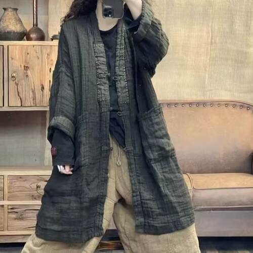 FF 8613-1 秋季新品休闲百搭长款麻系复古女风衣外套 胸围132长82