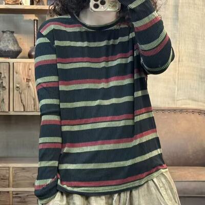 F30 5034 秋冬季新品条纹套头休闲百搭女打底衫上衣 胸围106长60