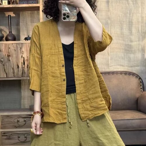 008 9778 夏季新品亚麻简约百搭休闲开衫女士上衣 胸围126长63