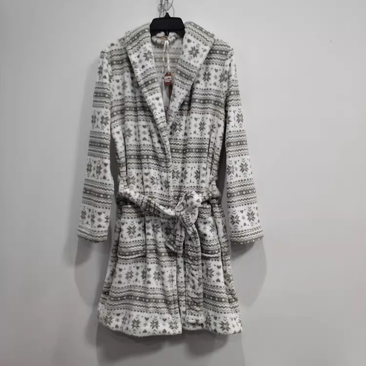 外贸原单加厚珊瑚绒睡袍男女秋冬中长印花加绒保暖浴袍睡衣小个子