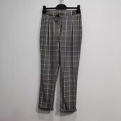 春夏金典百搭宽松高腰显瘦哈伦裤 外贸原单休闲卷边格子裤 九分女