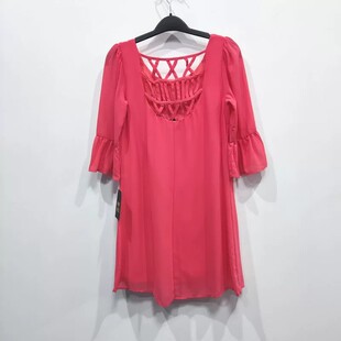 外贸原单雪纺连衣裙女夏季时尚百搭宽松显瘦镂空露背中长裙 粉红