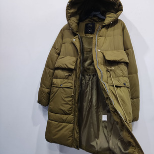 外贸原单女装纯色连帽拉链棉服冬季中长款简约加厚保暖外套小个子