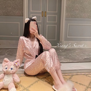 蕾丝豹纹纯欲甜美冰丝缎面睡衣家居服粉色女 甜到冒泡 香香 秘密