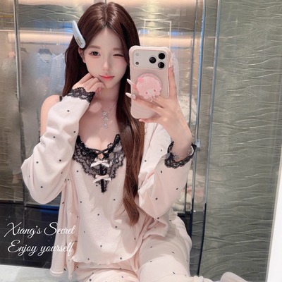 海岛绒睡衣女春秋款纯欲风三件套