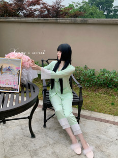 清新气质冰丝睡衣家居服套装 香香 夏季 秘密 可外穿荷叶边女 清茶