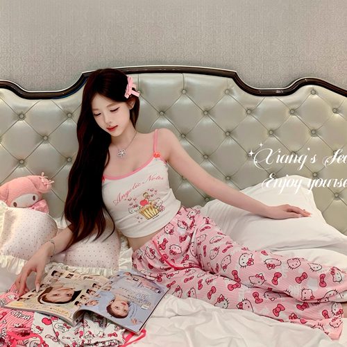 舒适可爱少女吊带睡裤套装