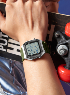 小方块手表多功能双显创意模拟指针计时电子表防水防摔学生党腕表