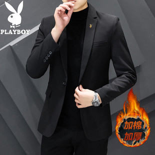 修身 花花公子秋冬季 外套男韩版 加棉加厚西装 弹力休闲西服上衣 男士
