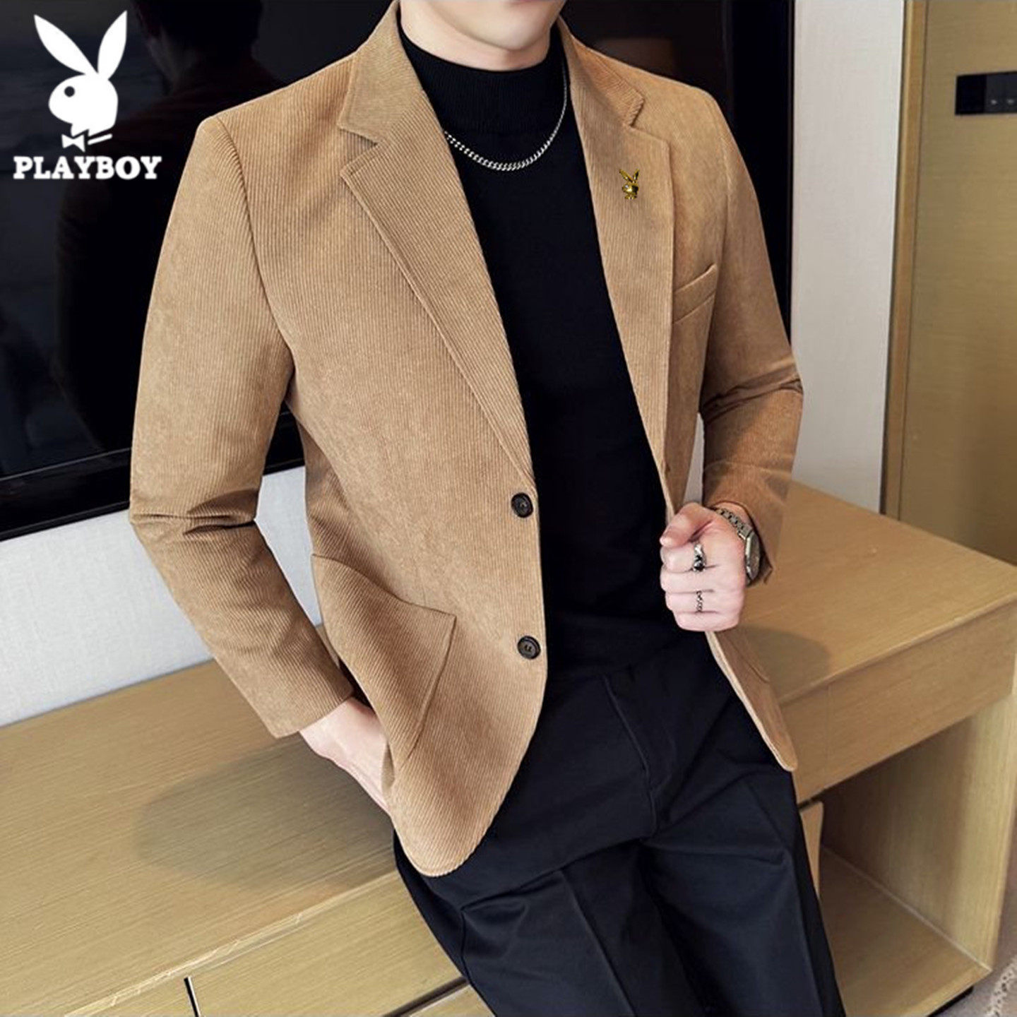 花花公子西装外套男灯芯绒西服潮