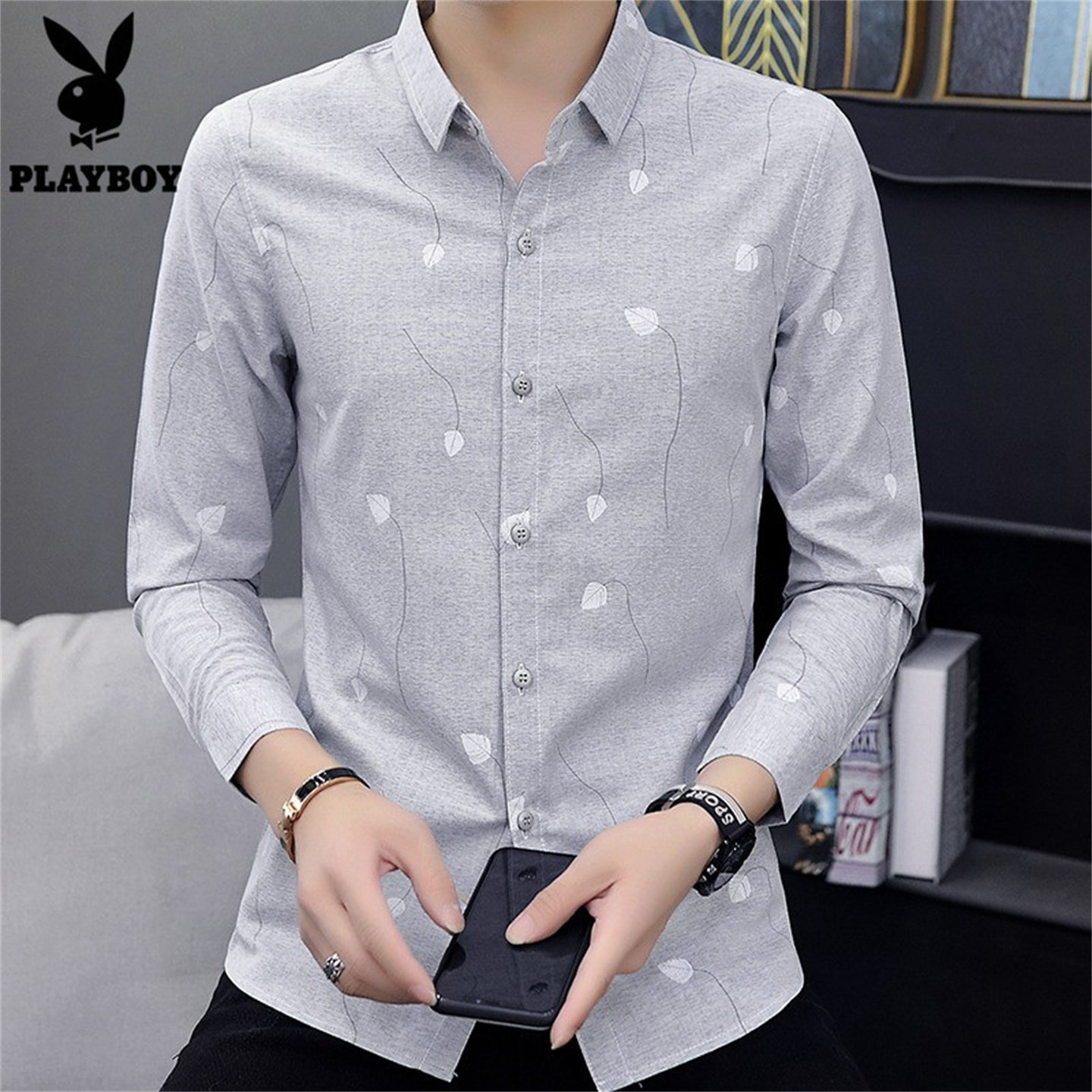 花花公子春夏季男士薄款长袖衬衫男青少年韩版修身潮流休闲衬衣服