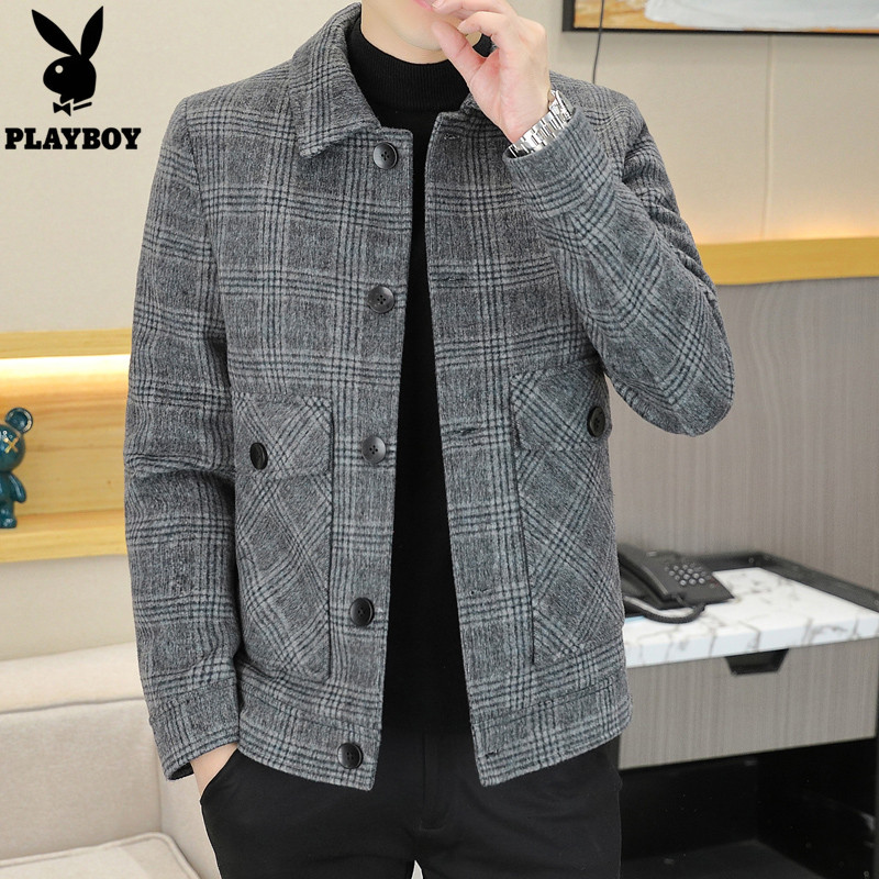 花花公子秋冬季男士羊毛呢大衣男青年格子潮流休闲翻领夹克外套男