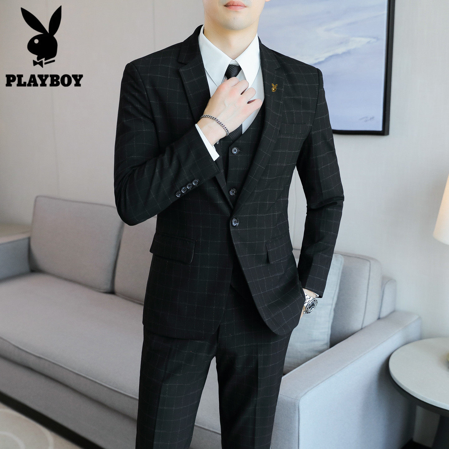 花花公子格子西服套装男士修身商务休闲外套新郎结婚礼服高端正装