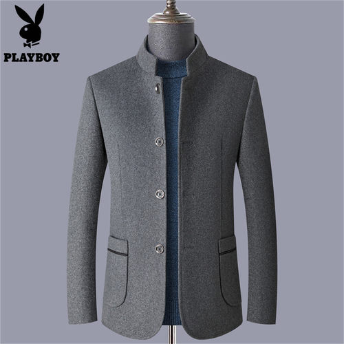 花花公子羊毛呢外套男立领厚西装