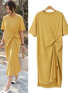 封神的黑裙子！夏季新款纯棉黑色T恤连衣裙女宽松百搭不规则2025