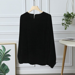 真丝丝绒柔滑上衣女装大码圆领长袖春秋季蚕丝绸缎丝滑舒适衬衫女