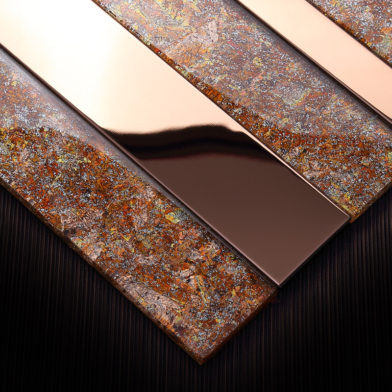 奢华金属玻璃马赛克瓷砖餐厅玄关艺术背景墙长条玫瑰金墙砖