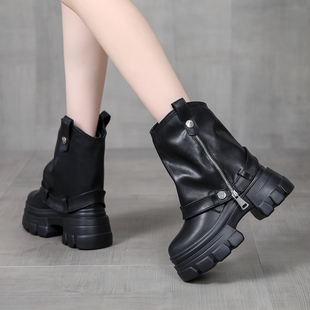 2025秋冬马丁靴女超高跟内增高10CM小个子厚底松糕裤 管靴炸街短靴