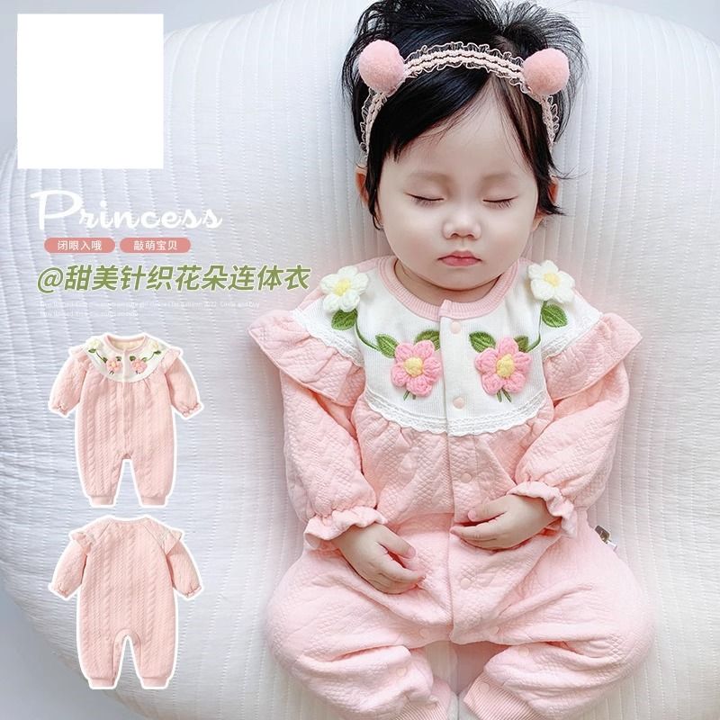 婴儿春秋装连体衣女宝宝超萌洋气满月百天公主双层哈衣外出爬爬服