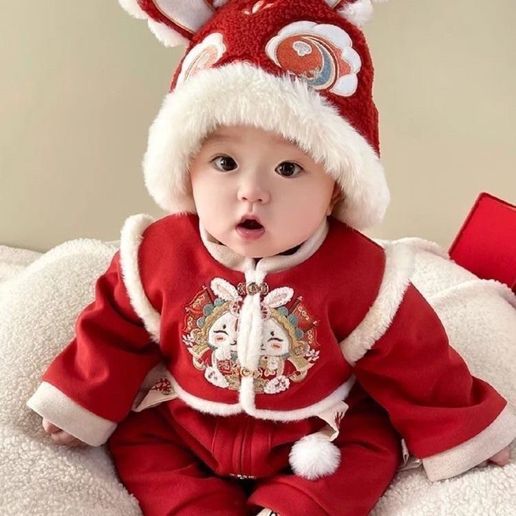 婴儿拜年服喜庆连体衣宝宝冬装满月百天周岁礼服红色加厚新年爬服