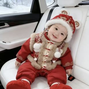 婴儿拜年服红色连体衣冬季宝宝新年装加厚哈衣过年喜庆衣服外出服