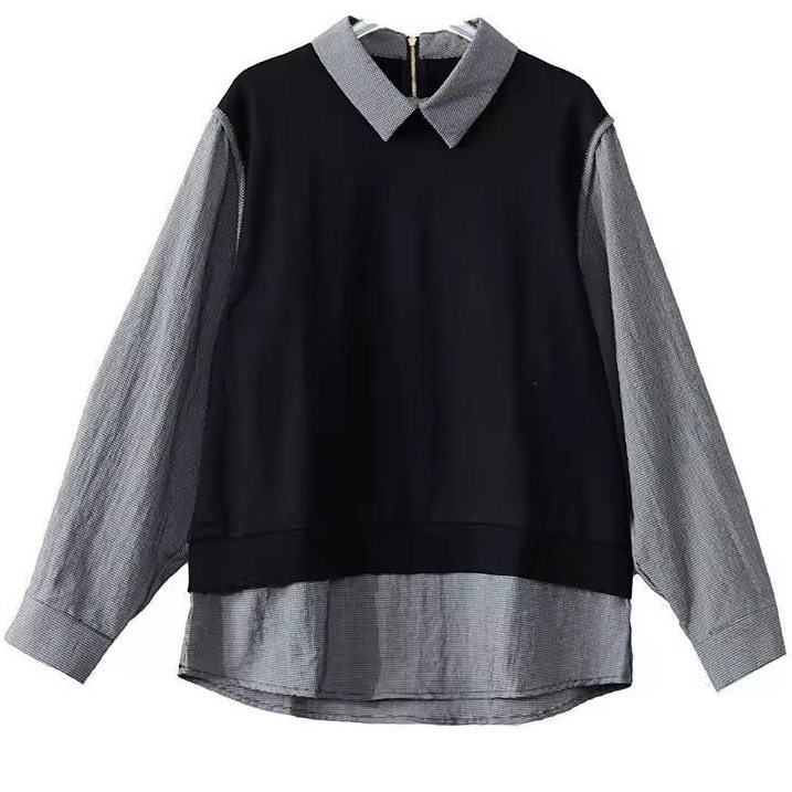 欧洲站2026春秋新款假两件宽松显瘦娃娃领格子拼接卫衣衬衫上衣女