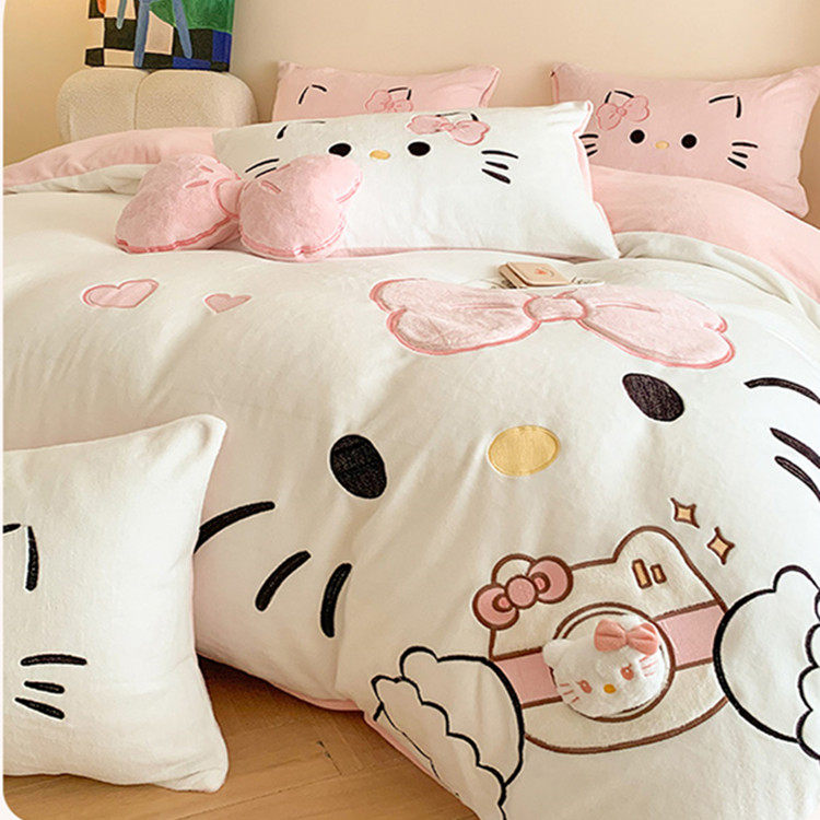 卡通牛奶绒四件套可爱猫猫加厚珊瑚绒法兰绒双面加绒被套床单床品