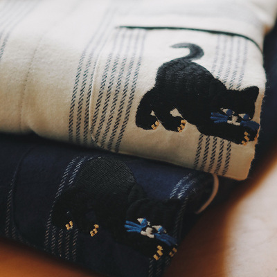 无印品质睡衣女士纯棉磨毛绒布春秋条纹刺绣家居服情侣套装男大码