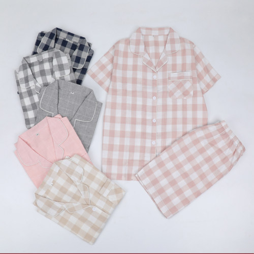 MUEJ日式睡衣男女短袖短裤格子纯棉双层纱布夏季薄情侣家居服套装