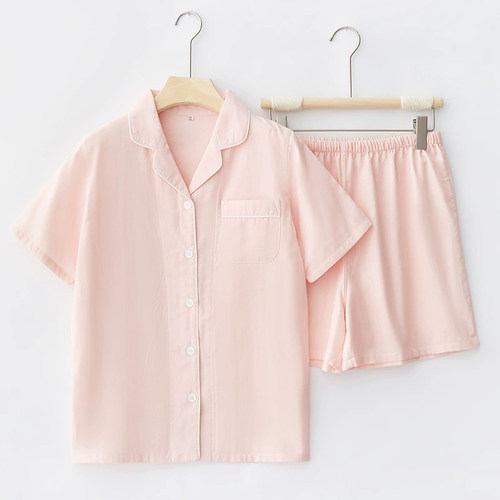 MUEJ无印弍情侣睡衣女士夏季纯棉纱布短袖短裤套装男全棉家居服薄