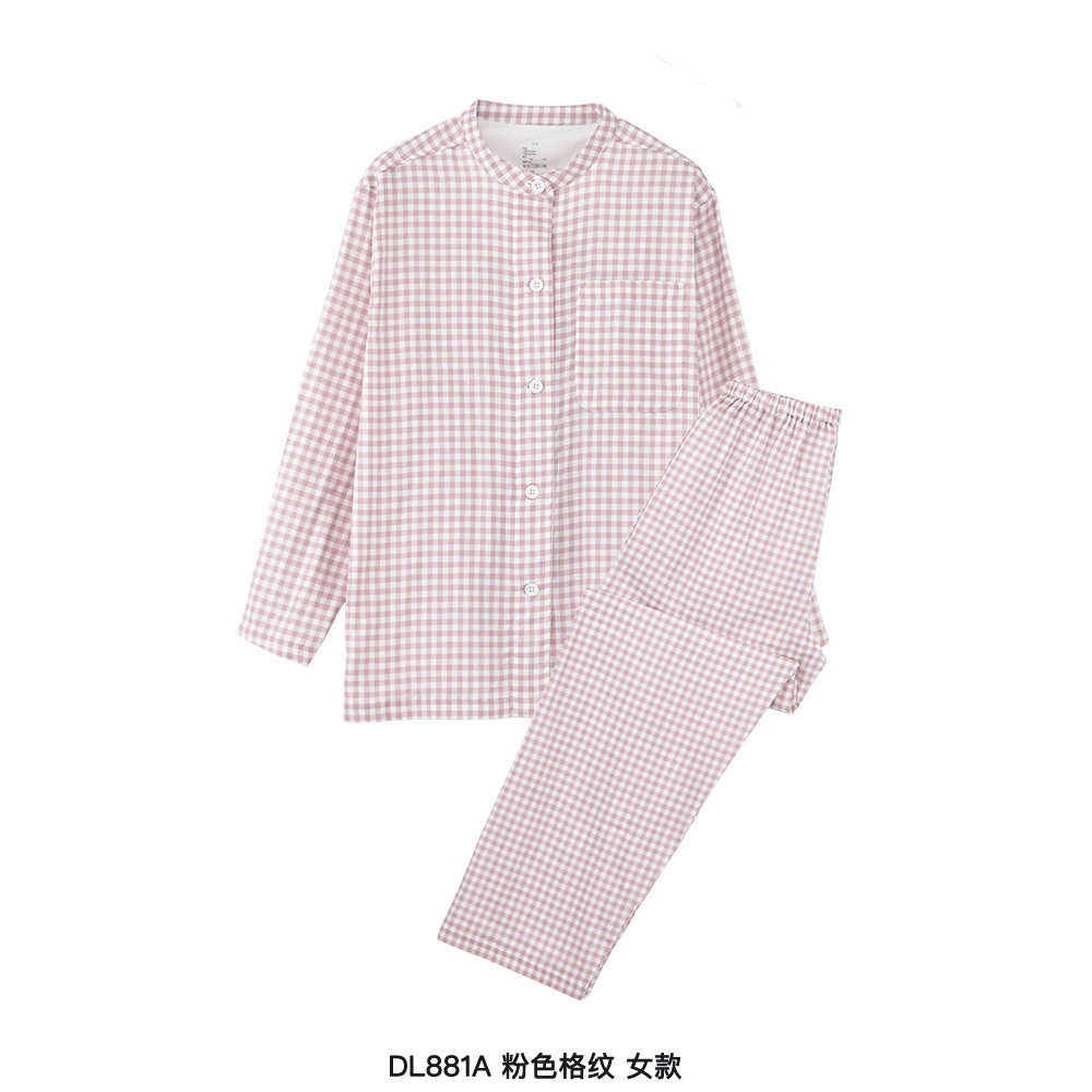 外贸原单睡衣男女士情侣春夏纯棉双层纱无侧缝圆领长袖家居服套装