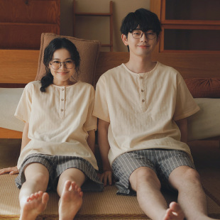 MUEJ无印弍情侣睡衣女士圆领纯绵纱布短袖 全棉家居服男可外穿 短裤